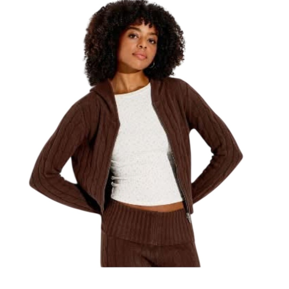 Wild Fable Women's Brown Cable‎ Knit Full Zip Hooded Cardigan Sweater Size XXL